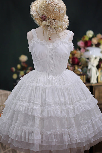 Sweet Lolita JSK - Dream Bouquet Elegant French, 4 Colors, Layered, Ruffled - S White / M White / L White option