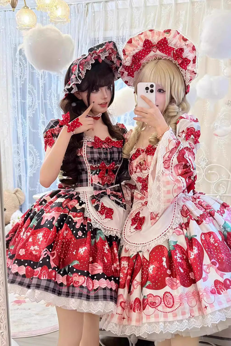 Sweet Lolita JSK - Dream To Strawberry, 4 Colors, Bow Detail, Lace Trim, Ruffled - additional product view 3