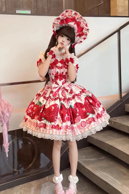Sweet Lolita JSK - Dream To Strawberry, 4 Colors, Bow Detail, Lace Trim, Ruffled - additional product view 4