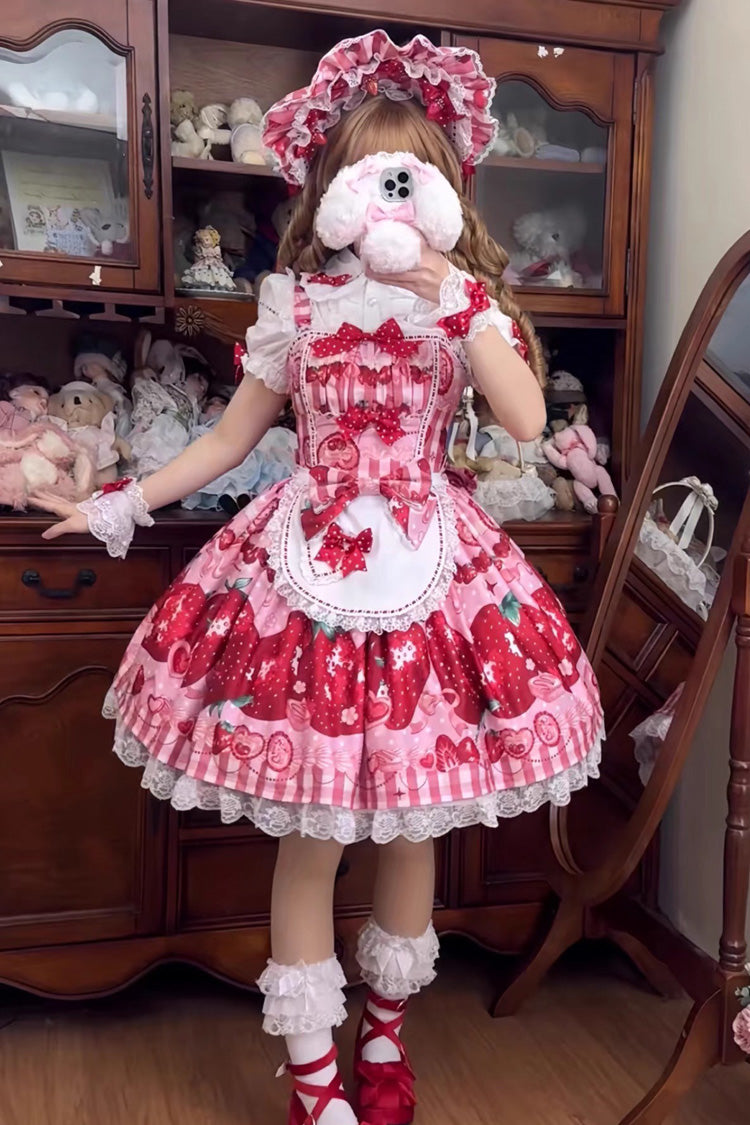 Sweet Lolita JSK - Dream To Strawberry, 4 Colors, Bow Detail, Lace Trim, Ruffled - additional product view 5