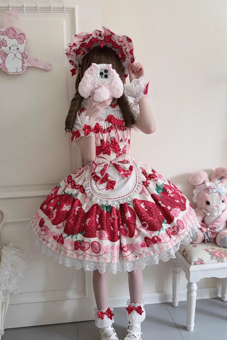 Sweet Lolita JSK - Dream To Strawberry, 4 Colors, Bow Detail, Lace Trim, Ruffled - additional product view 6