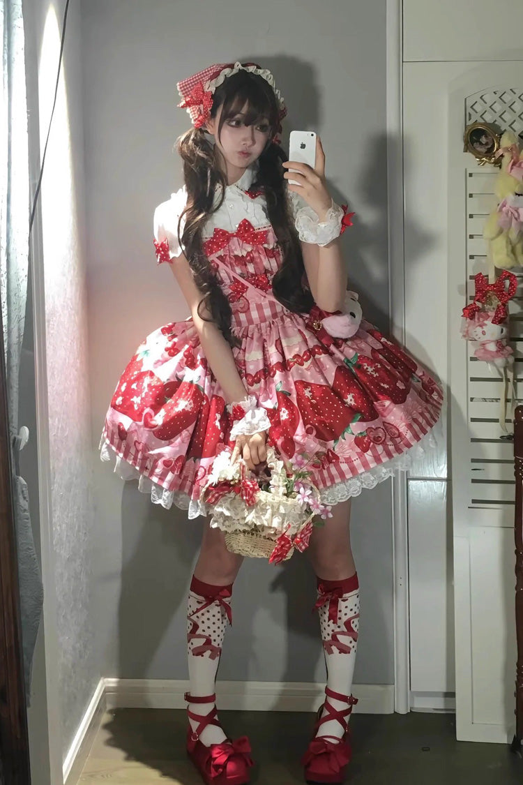 Sweet Lolita JSK - Dream To Strawberry, 4 Colors, Bow Detail, Lace Trim, Ruffled - additional product view 7