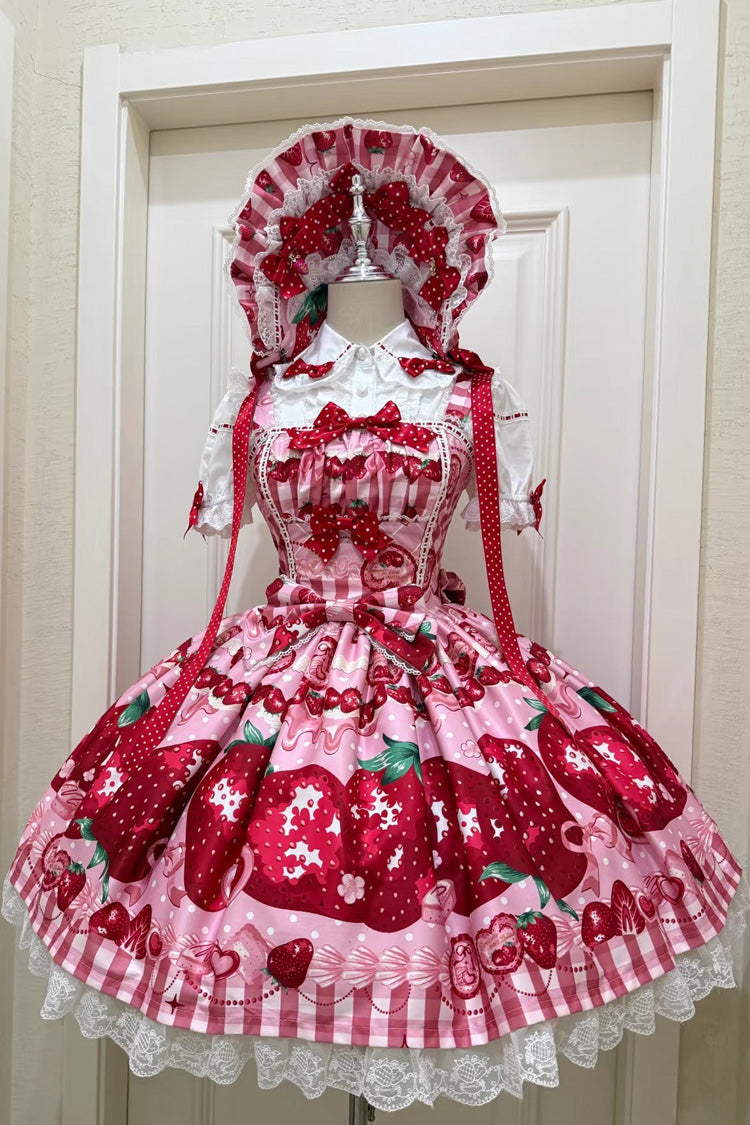 Sweet Lolita JSK - Dream To Strawberry, 4 Colors, Bow Detail, Lace Trim, Ruffled - main product image