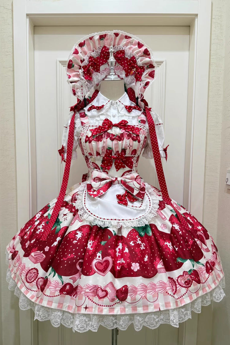 Sweet Lolita JSK - Dream To Strawberry, 4 Colors, Bow Detail, Lace Trim, Ruffled - S Ivory/Red / M Ivory/Red / L Ivory/Red option