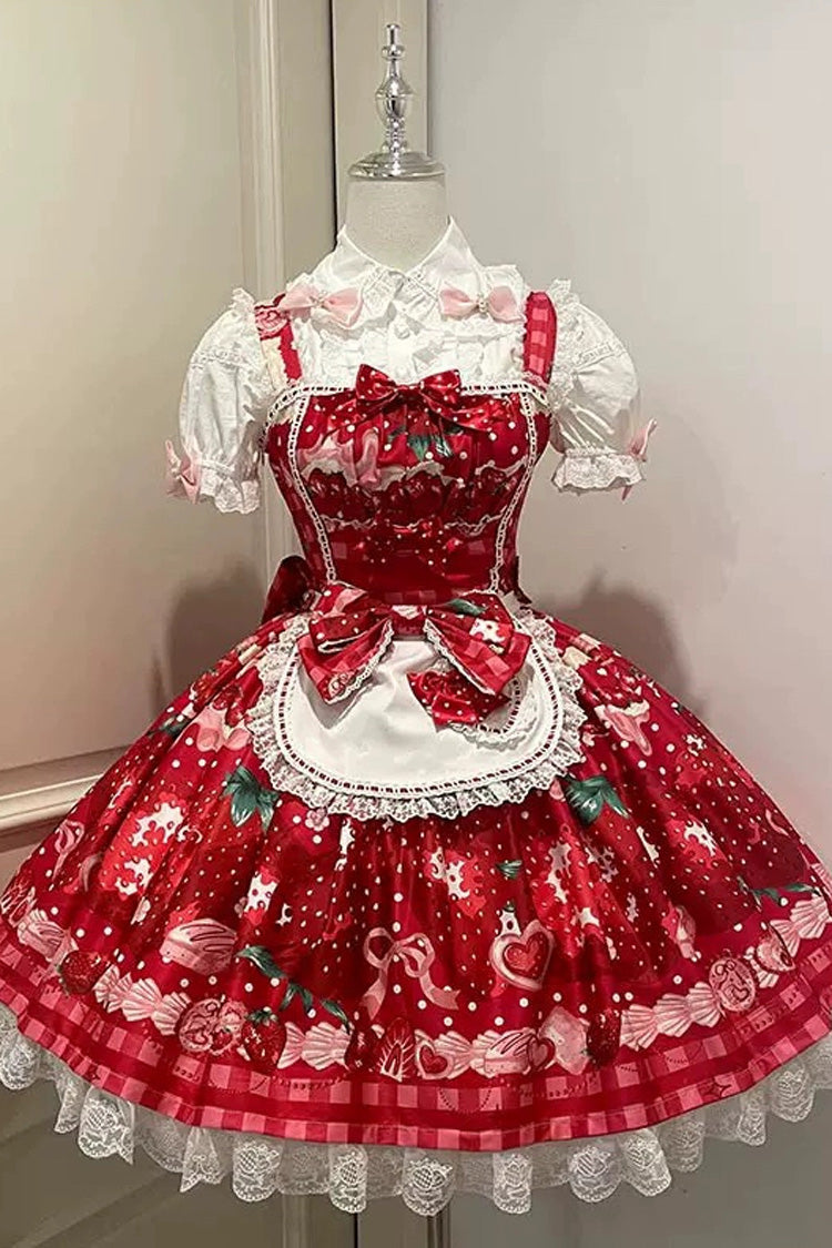 Sweet Lolita JSK - Dream To Strawberry, 4 Colors, Bow Detail, Lace Trim, Ruffled - S Red / M Red / L Red option