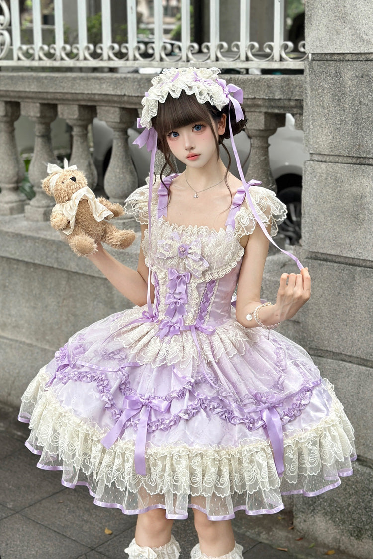 Sweet Lolita JSK - Dreaming Butterfly, Purple, Ruffled, Layered, Bow Detail - additional product view 3