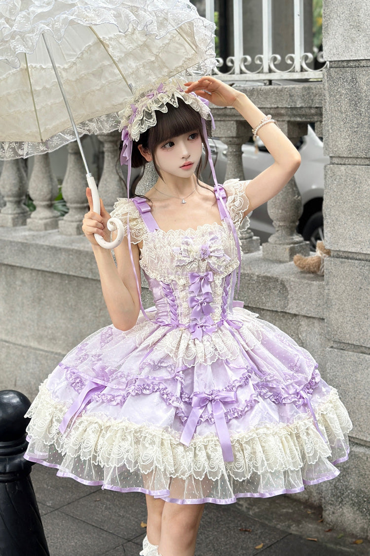 Sweet Lolita JSK - Dreaming Butterfly, Purple, Ruffled, Layered, Bow Detail - main product image