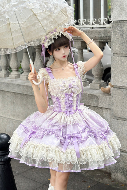 Sweet Lolita JSK - Dreaming Butterfly, Purple, Ruffled, Layered, Bow Detail - main product image