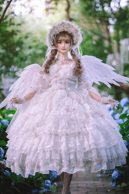 Sweet Lolita JSK - Dreamy Waltz, White, Bow Detail, Lace Trim, Ruffled - main product image