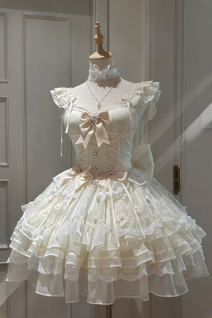 Sweet Lolita JSK - First Love, Ivory, Lace-Up, Bow Detail, Lace Trim - main product image