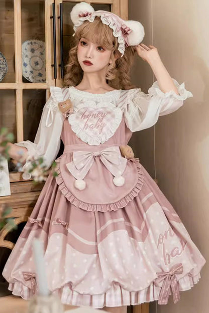 Sweet Lolita JSK - Flesh Pink Bear Bakery, Pink, High Waist, Printed, Bow Detail - main product image
