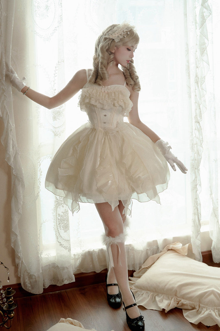 Sweet Lolita JSK - Floating Light Song, Ivory, Ruffled, Bow Detail, Lace Trim - main product image