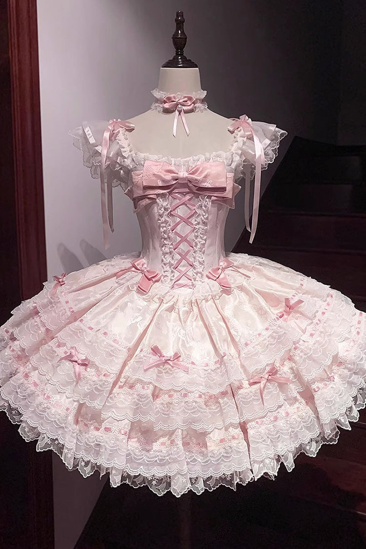 Sweet Lolita JSK - Flora Isle Butterfly, Pink, Lace-Up, Bow Detail, Lace Trim - main product image