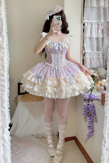 Sweet Lolita JSK - Flory Butterfly, Purple, Layered, Lace-Up, Ballet-Inspired Style - additional product view 5