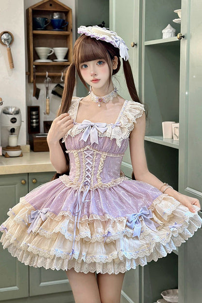 Sweet Lolita JSK - Flory Butterfly, Purple, Layered, Lace-Up, Ballet-Inspired Style - main product image