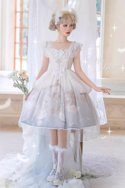 Sweet Lolita JSK - Flower And Letter, 2 Colors, Printed, Bow Detail, Ruffled - additional product view 4