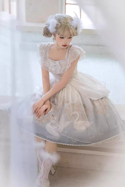 Sweet Lolita JSK - Flower And Letter, 2 Colors, Printed, Bow Detail, Ruffled - additional product view 5