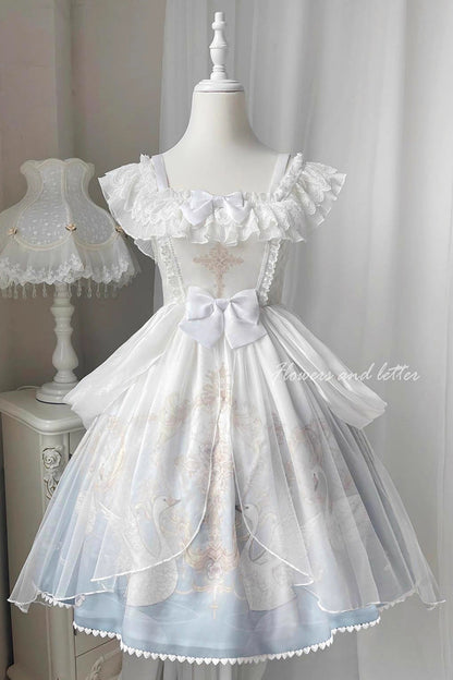 Sweet Lolita JSK - Flower And Letter, 2 Colors, Printed, Bow Detail, Ruffled - main product image