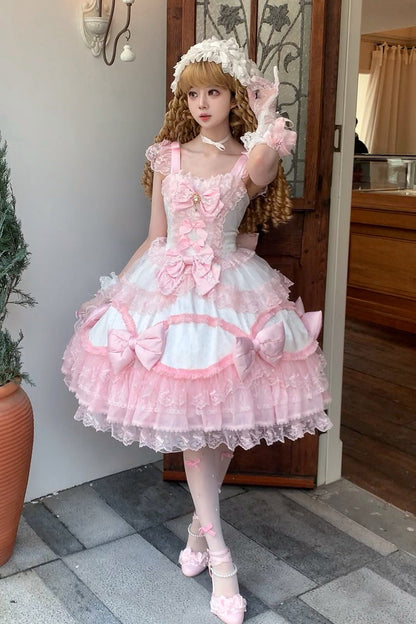 Sweet Lolita JSK - Flower Dream Isle, 2 Colors, Square Collar, Layered, Bow Detail - additional product view 2