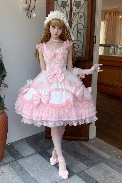 Sweet Lolita JSK - Flower Dream Isle, 2 Colors, Square Collar, Layered, Bow Detail - additional product view 5