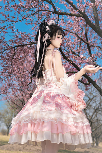 Sweet Lolita JSK - Flower Feast, Pink, Printed, Layered, Chinese-Inspired Style - additional product view 2