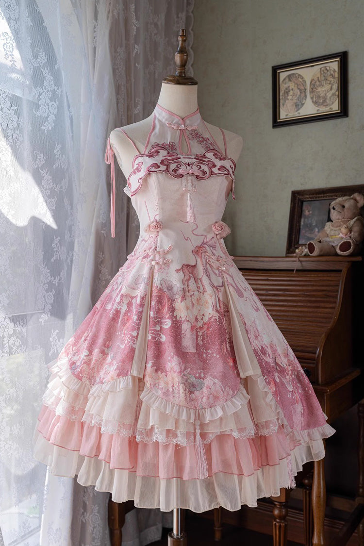 Sweet Lolita JSK - Flower Feast, Pink, Printed, Layered, Chinese-Inspired Style - main product image
