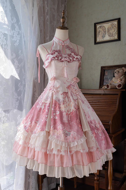 Sweet Lolita JSK - Flower Feast, Pink, Printed, Layered, Chinese-Inspired Style - main product image
