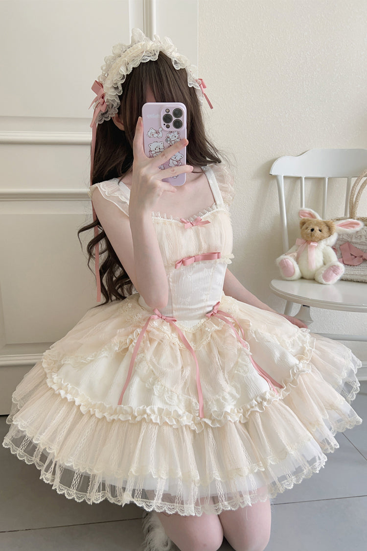 Sweet Lolita JSK - Flower Season, 4 Colors, Ballet-Inspired Style, Bow Detail, Lace Trim - S Apricot / M Apricot / L Apricot option