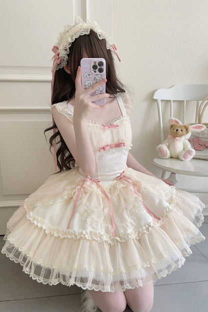 Sweet Lolita JSK - Flower Season, 4 Colors, Ballet-Inspired Style, Bow Detail, Lace Trim - S Apricot / M Apricot / L Apricot option