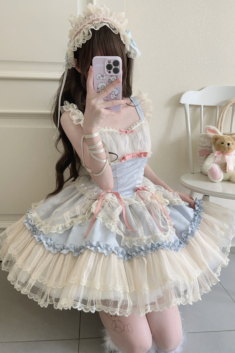 Sweet Lolita JSK - Flower Season, 4 Colors, Ballet-Inspired Style, Bow Detail, Lace Trim - S Blue / M Blue / L Blue option