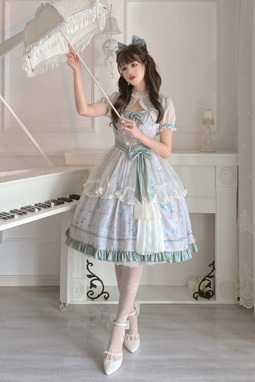 Sweet Lolita JSK - Flower Wall Pattern Print High, Green, High Waist, Printed - additional product view 2