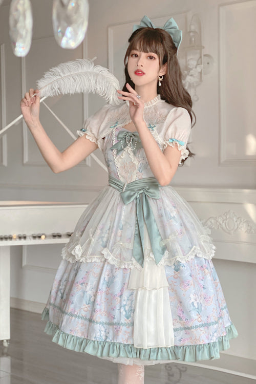 Sweet Lolita JSK - Flower Wall Pattern Print High, Green, High Waist, Printed - additional product view 3