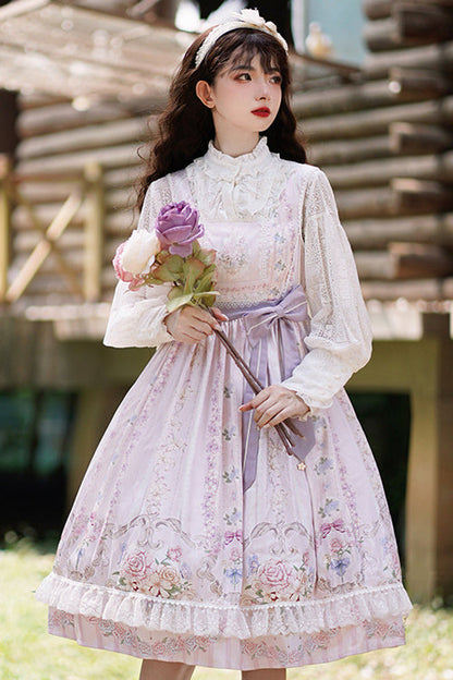 Sweet Lolita JSK - Flower Wall Print High Waist, Purple, Printed - additional product view 3