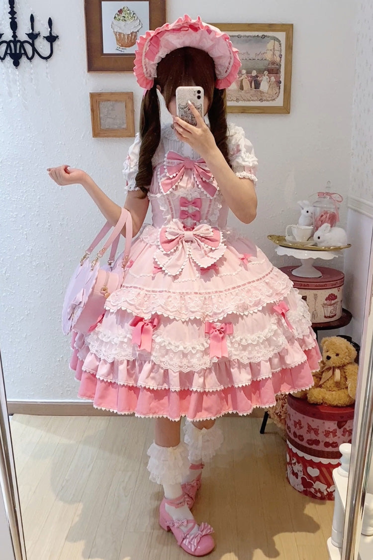 Sweet Lolita JSK - Fondant Cake, Pink, Layered, Bow Detail, Lace Trim - additional product view 6