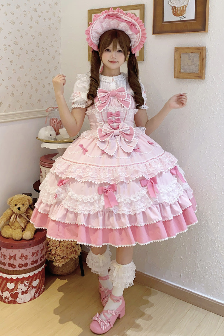 Sweet Lolita JSK - Fondant Cake, Pink, Layered, Bow Detail, Lace Trim - additional product view 7