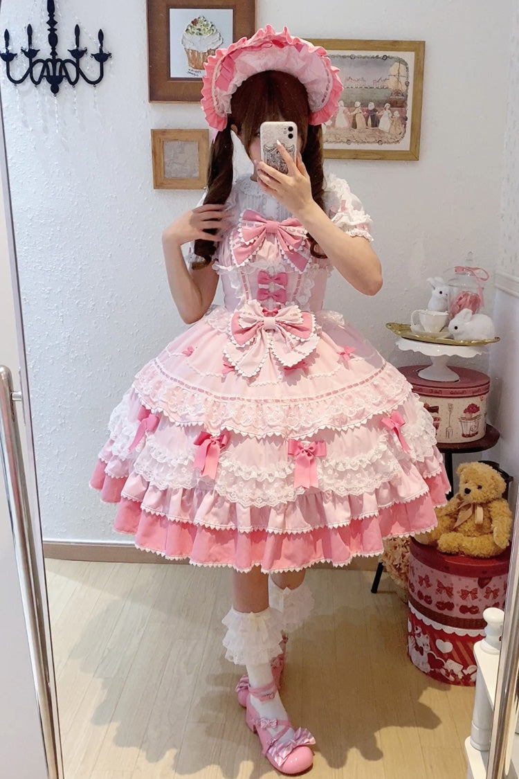 Sweet Lolita JSK - Fondant Cake, Pink, Layered, Bow Detail, Lace Trim - additional product view 8