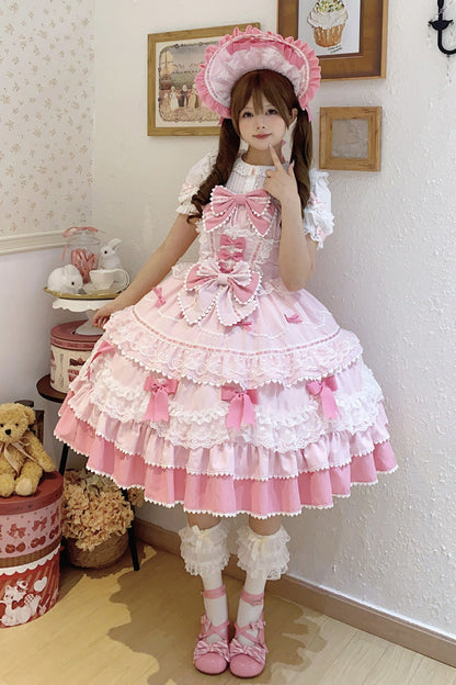 Sweet Lolita JSK - Fondant Cake, Pink, Layered, Bow Detail, Lace Trim - main product image