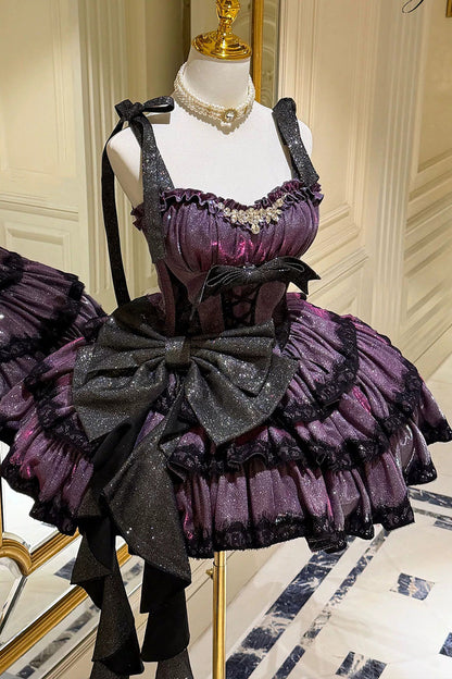 Sweet Lolita JSK - Galaxy Of Fallen Tears, Purple, Bow Detail, Ruffled, Layered - main product image