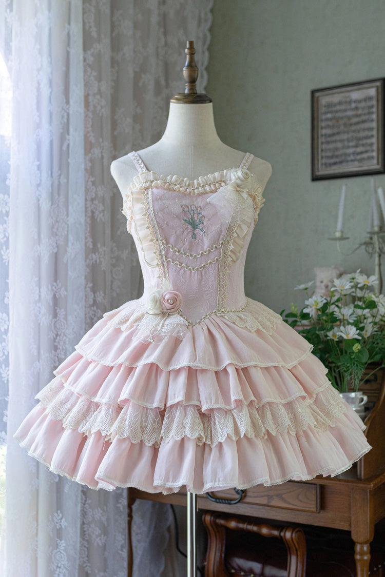 Sweet Lolita JSK - Good Night, Tulip, 2 Colors, Embroidered, Layered - S Pink / M Pink / L Pink option