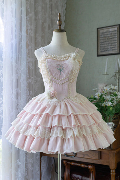 Sweet Lolita JSK - Good Night, Tulip, 2 Colors, Embroidered, Layered - S Pink / M Pink / L Pink option