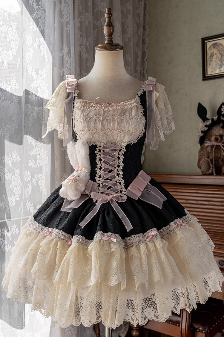 Sweet Lolita JSK - Goodnight Alice, 3 Colors, Lace Trim, Ruffled, Lace-Up - XS Black / S Black / M Black option