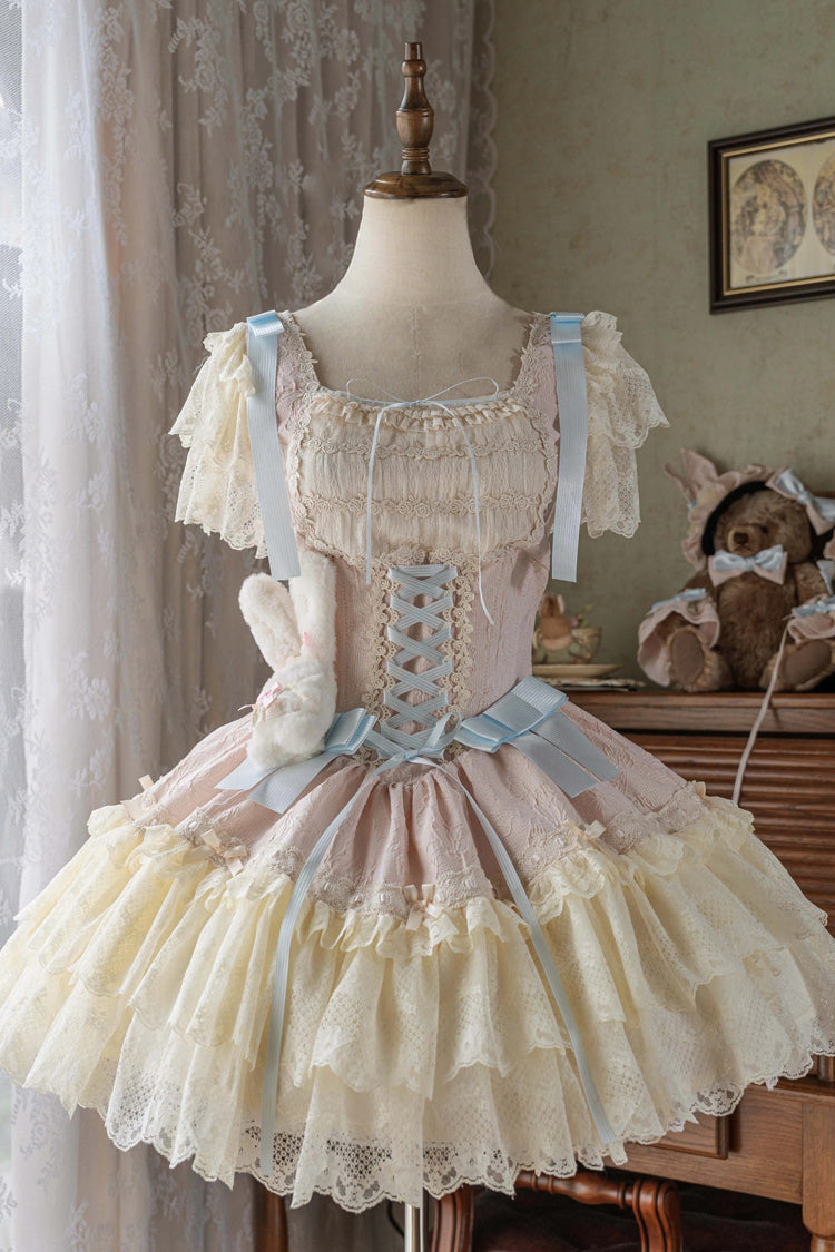 Sweet Lolita JSK - Goodnight Alice, 3 Colors, Lace Trim, Ruffled, Lace-Up - XS Pink / S Pink / M Pink option