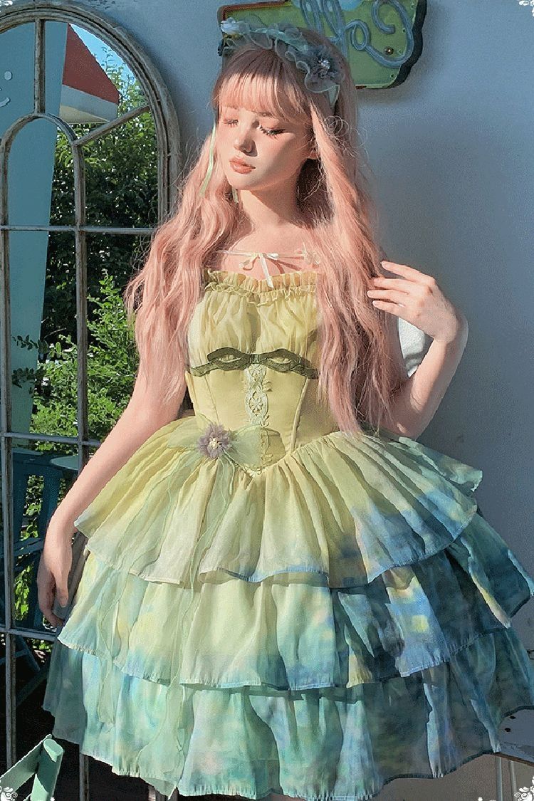 Sweet Lolita JSK - Gradient The Forty-fourth Sunset, Green, Bow Detail, Ruffled, Layered - additional product view 2