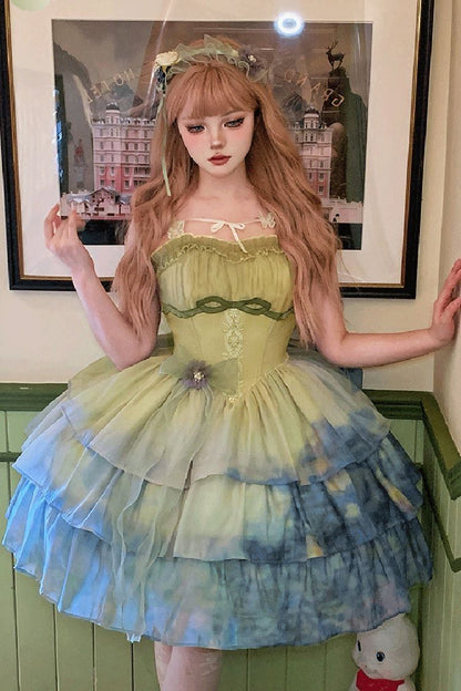 Sweet Lolita JSK - Gradient The Forty-fourth Sunset, Green, Bow Detail, Ruffled, Layered - additional product view 3