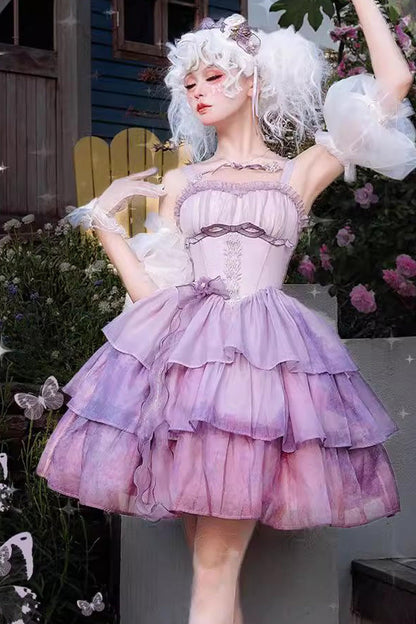 Sweet Lolita JSK - Gradient The Forty-fourth Sunset, Purple, Layered, Bow Detail, Ruffled - main product image