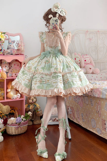 Sweet Lolita JSK - Green Grape, Green, Printed, Layered, Bow Detail - additional product view 3
