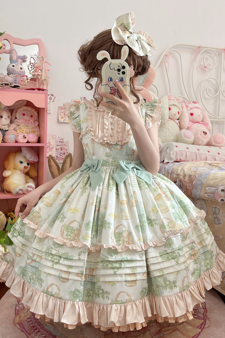 Sweet Lolita JSK - Green Grape, Green, Printed, Layered, Bow Detail - additional product view 4