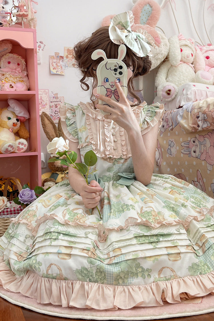 Sweet Lolita JSK - Green Grape, Green, Printed, Layered, Bow Detail - additional product view 5