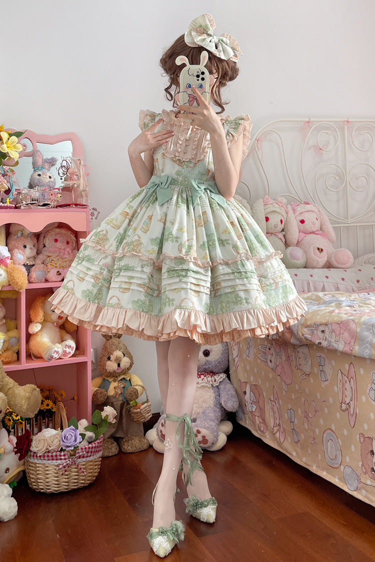 Sweet Lolita JSK - Green Grape, Green, Printed, Layered, Bow Detail - main product image