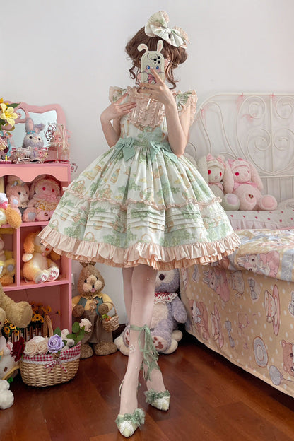 Sweet Lolita JSK - Green Grape, Green, Printed, Layered, Bow Detail - main product image
